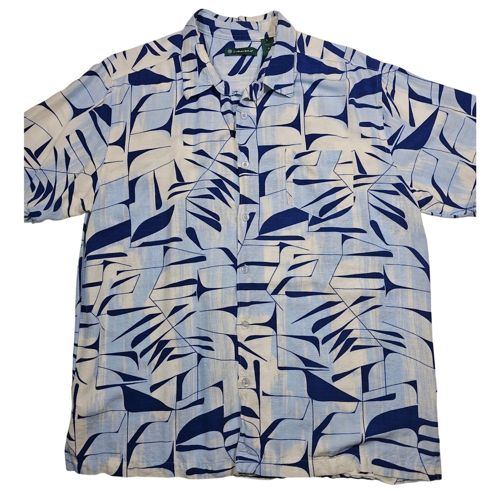 Cubavera Mens Large Blue White Abstract Leaf Print Viscose Button Down Shirt